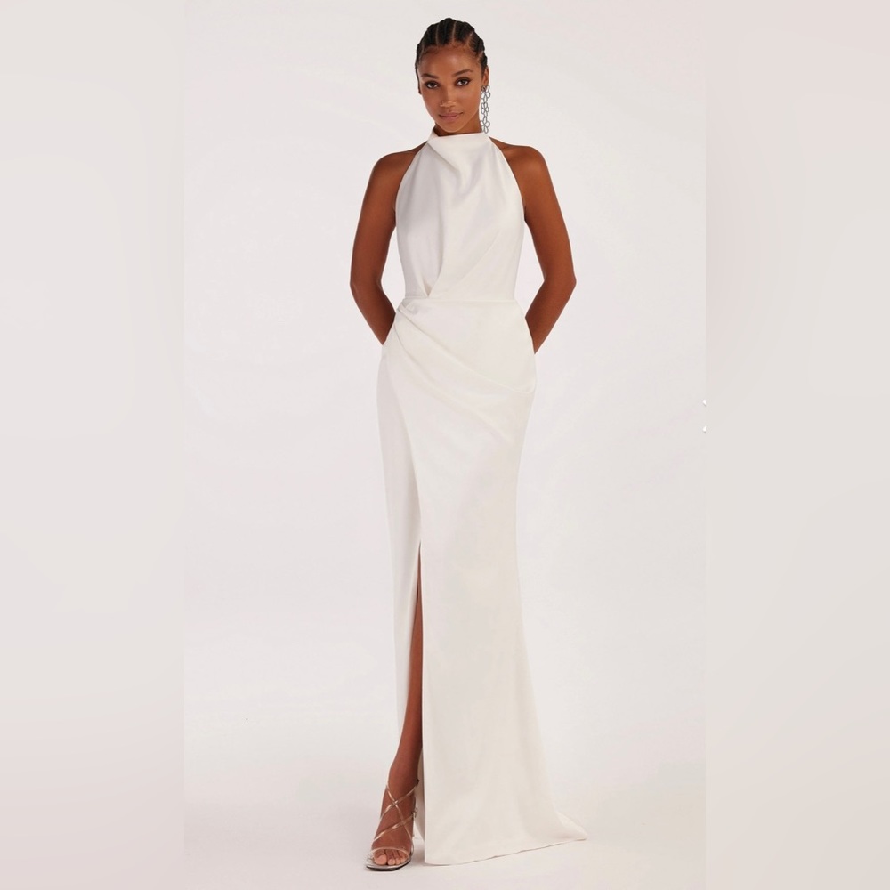 White Mock neck sleeveless low slit dress